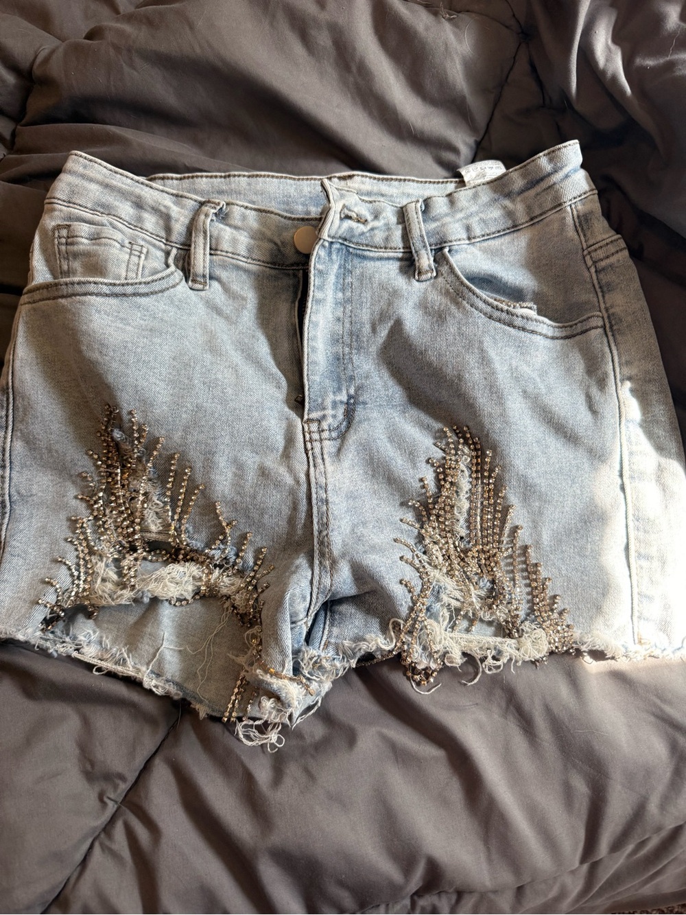 SHEIN Light Blue Distressed Denim Shorts with Rhinestone Embellishments